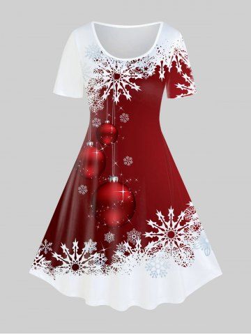 Plus Size Christmas Snowflake Ball Print A Line Dress - DEEP RED - S | US 8