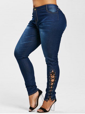 Plus Size Side Lace Up Zipper Fly Jeans - BLUE - 2X | US 18-20