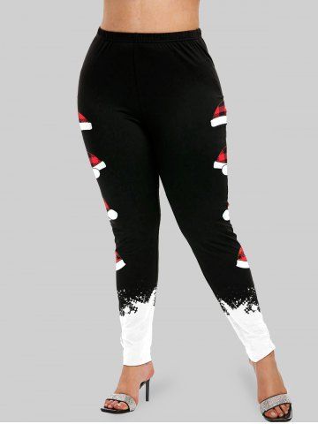 Plus Size Christmas Hats Printed Two Tone Leggings