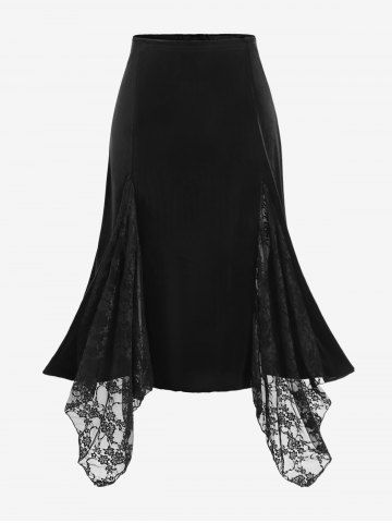 Plus Size Lace Godet Velvet Midi Skirt - BLACK - L