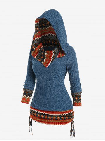 Plus Size Hooded Ethnic Print Cinched Ruched Knitwear - DEEP BLUE - 2X | US 18-20