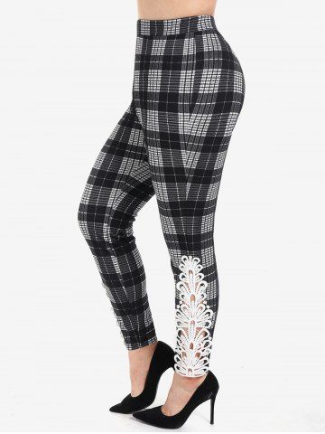 Plus Size Checked Guipure Lace Panel Skinny Pants