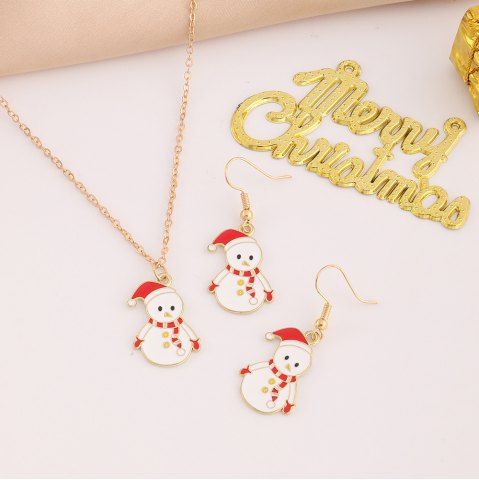 2Pcs Christmas Snowman Pendant Necklace and Earrings Set - GOLDEN