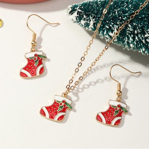 2Pcs Christmas Boots Pendant Necklace and Drop Earrings Set