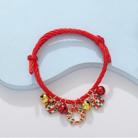 Christmas Wreath Bells Handwoven String Charm Bracelet - RED