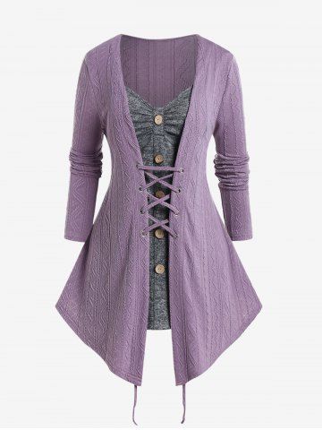 Plus Size Textured-knit Lace-up Two Tone Asymmetrical 2 In 1 Top - PURPLE - 4X | US 26-28