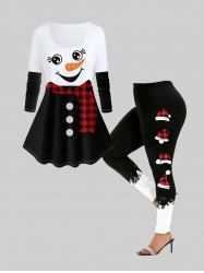 Christmas Snowman Printed Plaid Long Sleeves Tee and Leggings Plus Size Outfit -  