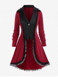 Manteau à Revers Bicolore avec Empiècements en Dentelle Grande-Taille - Rouge foncé 2x | US 18-20