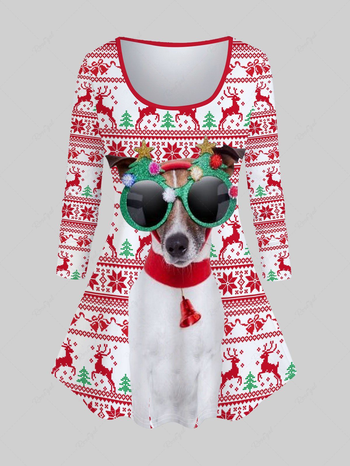 T-shirt de Noël à Imprimé 3D Chien et Cerf de Grande Taille à Manches Longues Rouge 2X | US 18-20