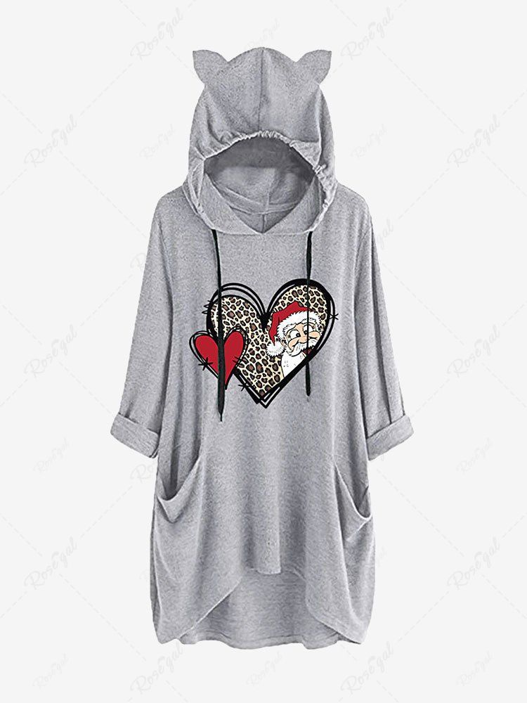 Outfit Plus Size Cat Ear Heart Santa Claus Print High Low Christmas Hoodie  