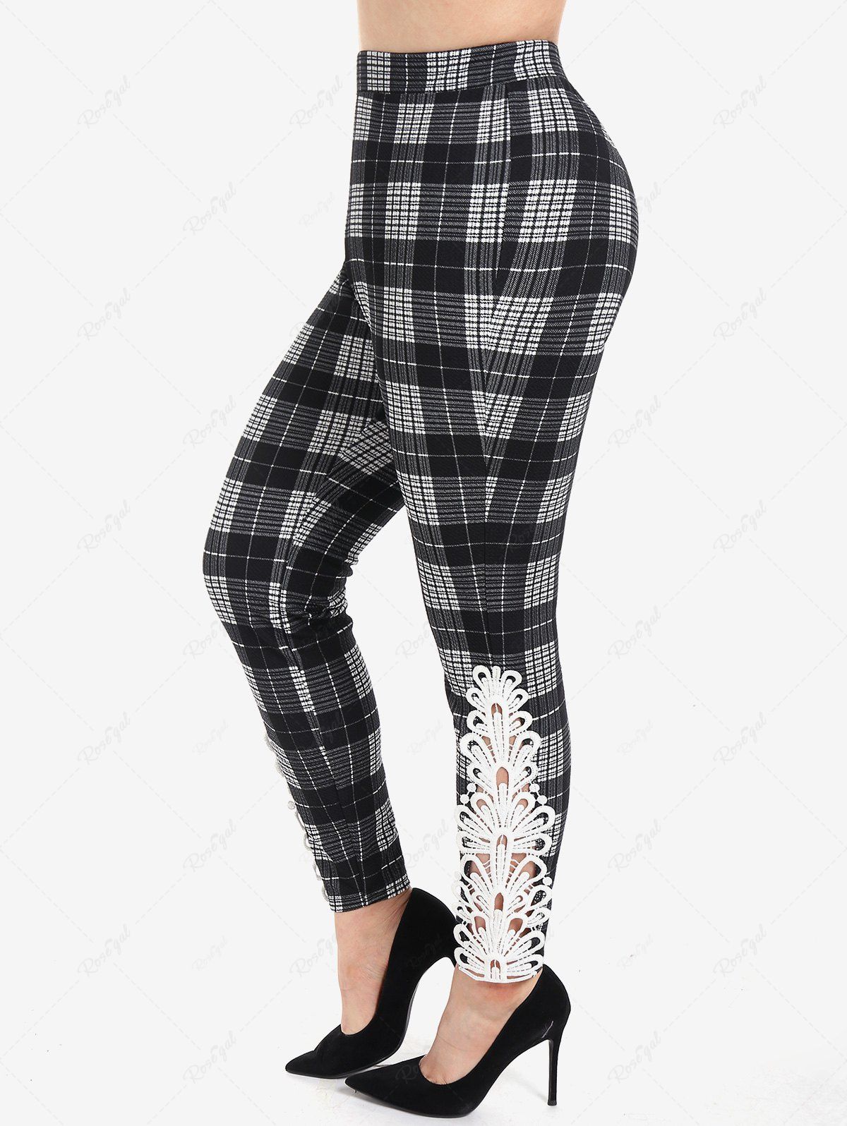 Hot Plus Size Checked Guipure Lace Panel Skinny Pants  