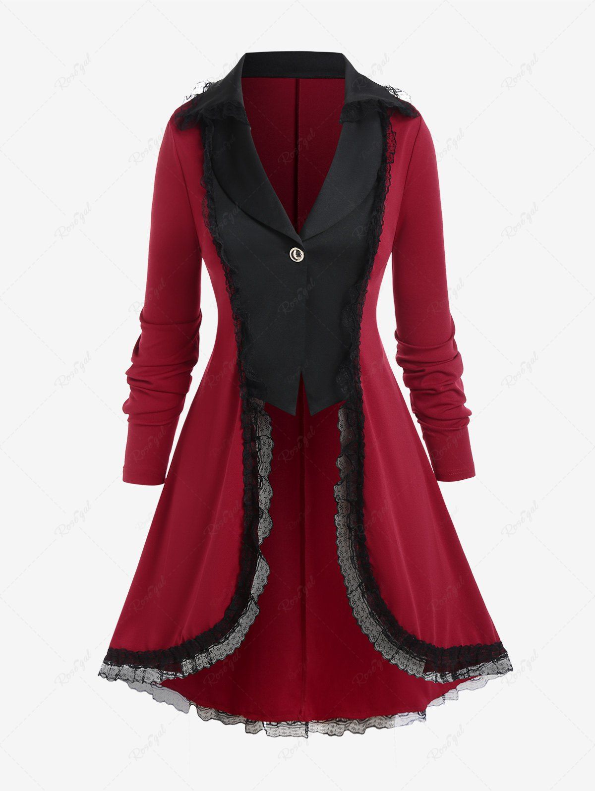 Manteau à Revers Bicolore avec Empiècements en Dentelle Grande-Taille Rouge foncé 4X | US 26-28