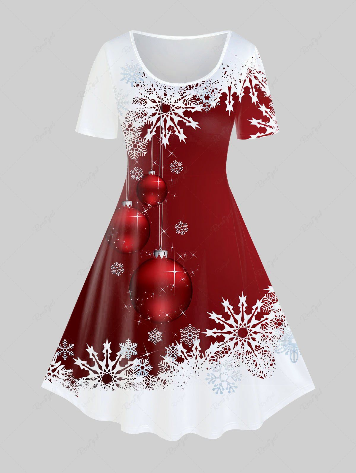 Robe de Noël Ligne A à Imprimé Flocon de Neige et Boule de Grande Taille Rouge foncé 1x | US 14-16