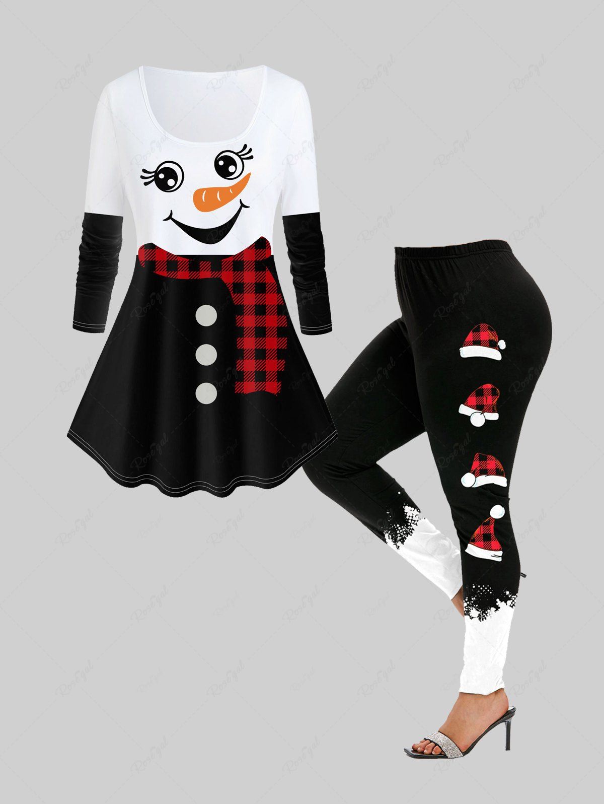 Latest Christmas Snowman Printed Plaid Long Sleeves Tee and Leggings Plus Size Outfit  