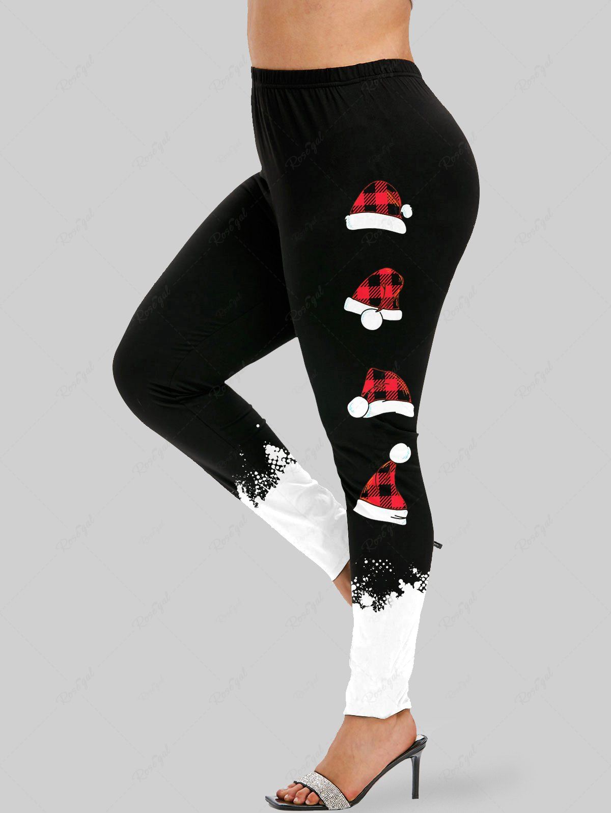 Affordable Plus Size Christmas Hats Printed Two Tone Leggings  
