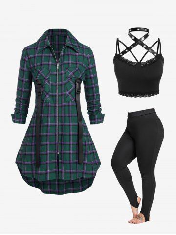 Plaid Lace Up Shacket and Crop Top and Stirrup Leggings Plus Size Outfit - DEEP GREEN
