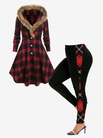 Plaid Faux-fur Hooded Coat and Plaid Pattern Leggings Plus Size Outerwear Outfit