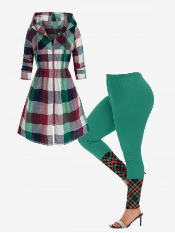 Madras Plaid Hooded Zip Up Coat and High Rise Plaid Leggings Plus Size Outerwear Outfit