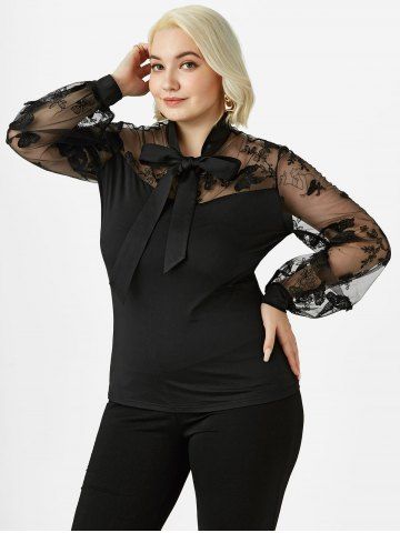 Plus Size & Curve Mesh Butterfly Embroidered Pussy Bow Top