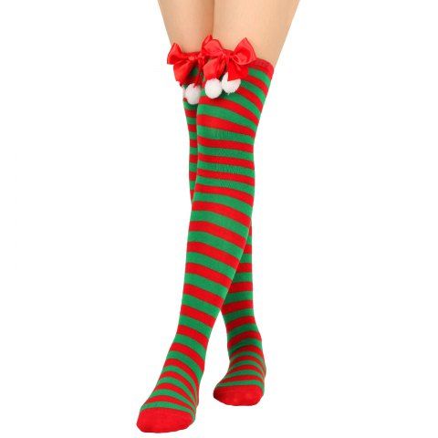 Christmas Striped Bow Faux-fur Pom-pom Embellsih Over the Knee Stockings - MULTI