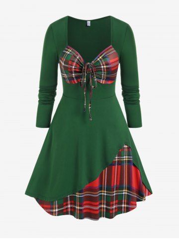Plus Size Plaid Cinched Knee Length Flared Dress - DEEP GREEN - 3X | US 22-24