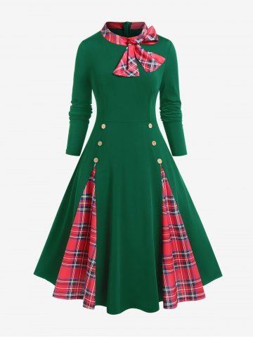 Plus Size Christmas Plaid Bowknot Godet Hem Vintage A Line Midi Dress - DEEP GREEN - 1X | US 14-16