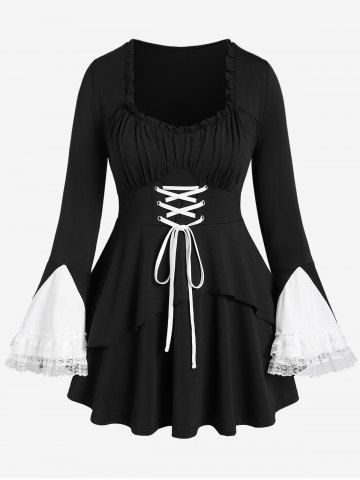 Gothic Ruffles Lace Panel Flare Sleeves T-shirt with Lace-up