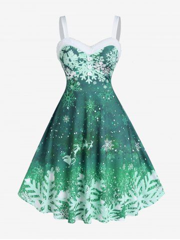 Plus Size Christmas Snowflake Print Sleeveless Vintage Dress - GREEN - 1X | US 14-16