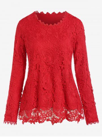 Plus Size Guipure Lace Overlay Long Sleeve Top - RED - 2XL