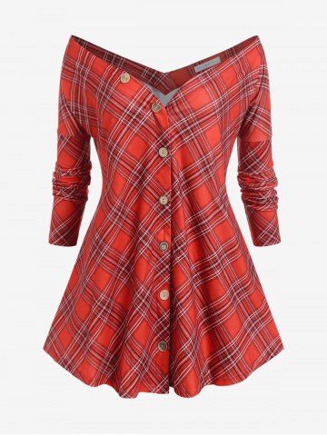 Off The Shoulder Plaid Button Up Plus Size Top - RED - 4X