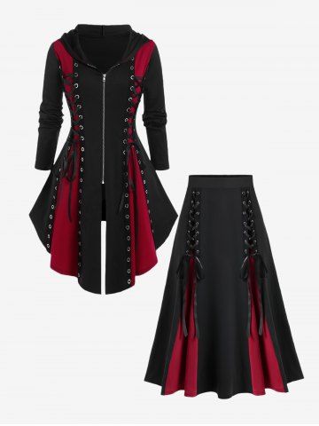 Gothic Hooded Lace Up Grommets Colorblock Coat and Godet Hem Midi Skirt Outfit - BLACK