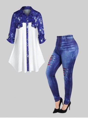 3D Denim Print Roll Up Sleeve Shirt and Fleece Lining Jeggings Plus Size Outfit - BLUE