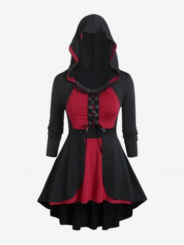 Gothic Hooded Lace Trim Lace-up Two Tone High Low Top