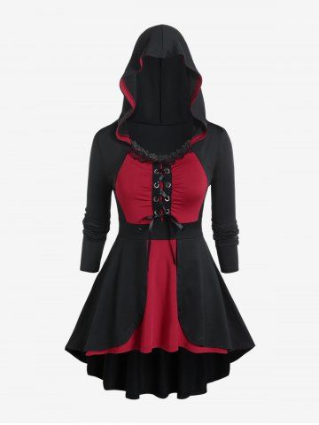 Gothic Hooded Lace Trim Lace-up Two Tone High Low Top - BLACK - L | US 12