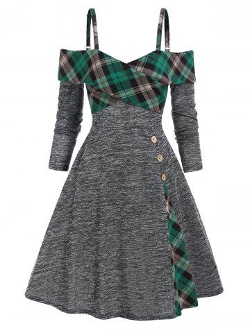 Cold Shoulder Plaid Print Panel Space Dye Knit A Line Dress - DARK GRAY - M