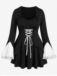 Gothic Ruffles Lace Panel Flare Sleeves T-shirt with Lace-up -  