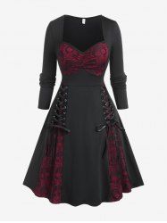 Gothic Skulls Lace Ruched Lace-up Long Sleeves Vintage A Line Dress -  
