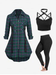 Plaid Lace Up Shacket and Crop Top and Stirrup Leggings Plus Size Outfit -  