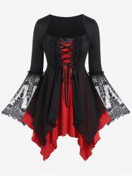 Gothic Bell Sleeve Lace-up Lace Panel Chiffon Layered Asymmetrical Top -  