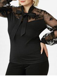 Plus Size & Curve Mesh Butterfly Embroidered Pussy Bow Top -  