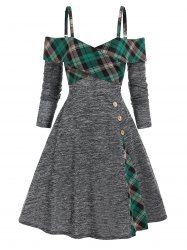 Robe Ligne A Chinée Imprimée Panneau à Carreaux à Epaule Dénudée - Gris Foncé L