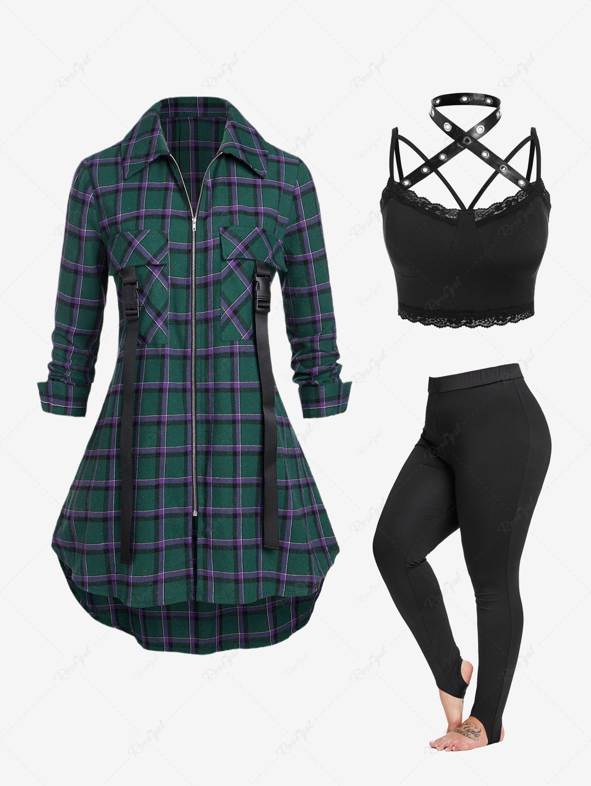 Sale Plaid Lace Up Shacket and Crop Top and Stirrup Leggings Plus Size Outfit  