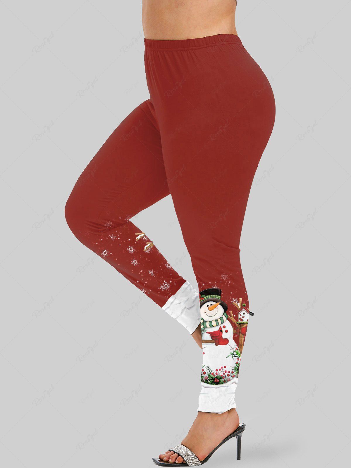 Legging de Noël à Imprimé Bonhomme de Neige et Flocon de Neige à Coupe Haute de Grande Taille Rouge foncé 2X | US 18-20