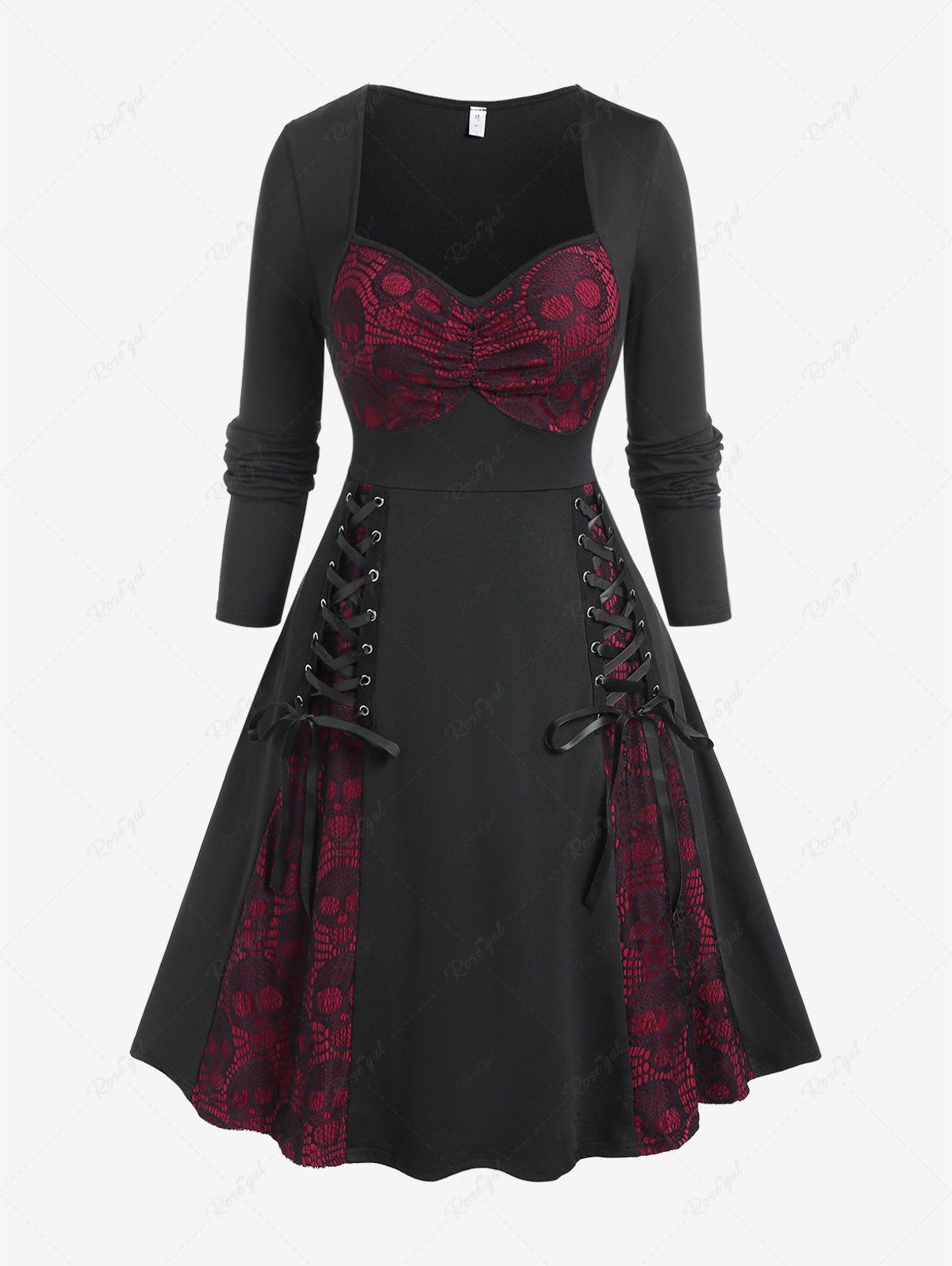 Sale Gothic Skulls Lace Ruched Lace-up Long Sleeves Vintage A Line Dress  