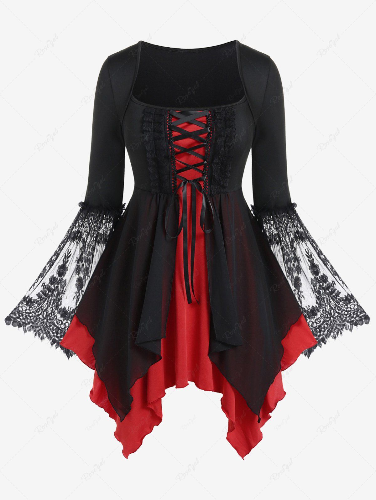 New Gothic Bell Sleeve Lace-up Lace Panel Chiffon Layered Asymmetrical Top  