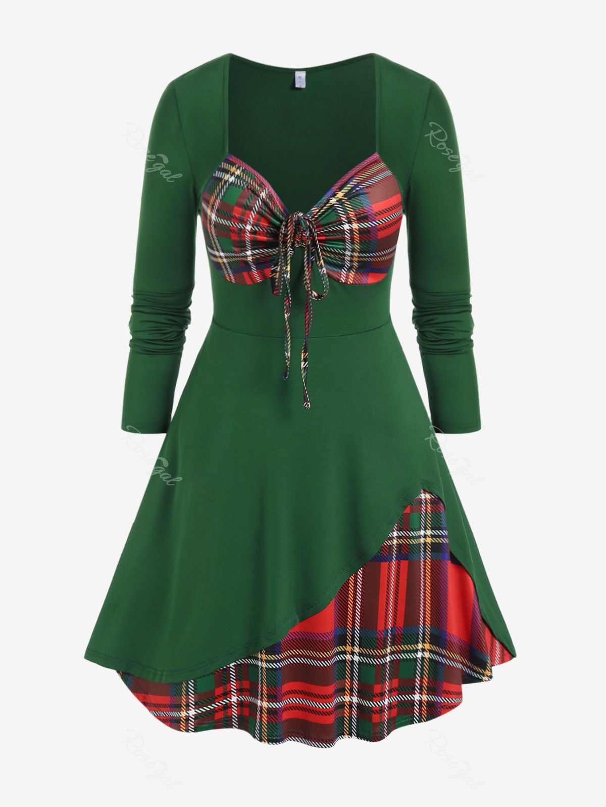 Discount Plus Size Plaid Cinched Knee Length Flared Dress  