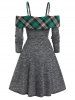 Robe Ligne A Chinée Imprimée Panneau à Carreaux à Epaule Dénudée - Gris Foncé L