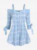 Plus Size Cold Shoulder Button Checked Up Top -  