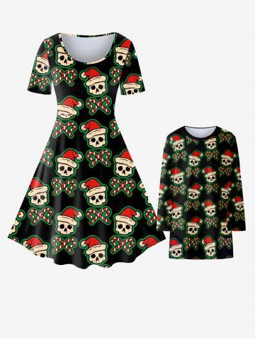 Mommy and Me Christmas Skull Hat Candy Print Matching Dress Sets