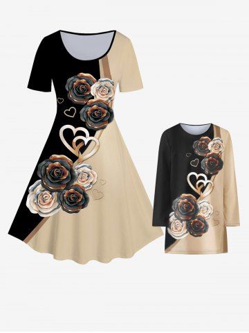 Rose Print Colorblock Mommy and Me Matching Dress Sets